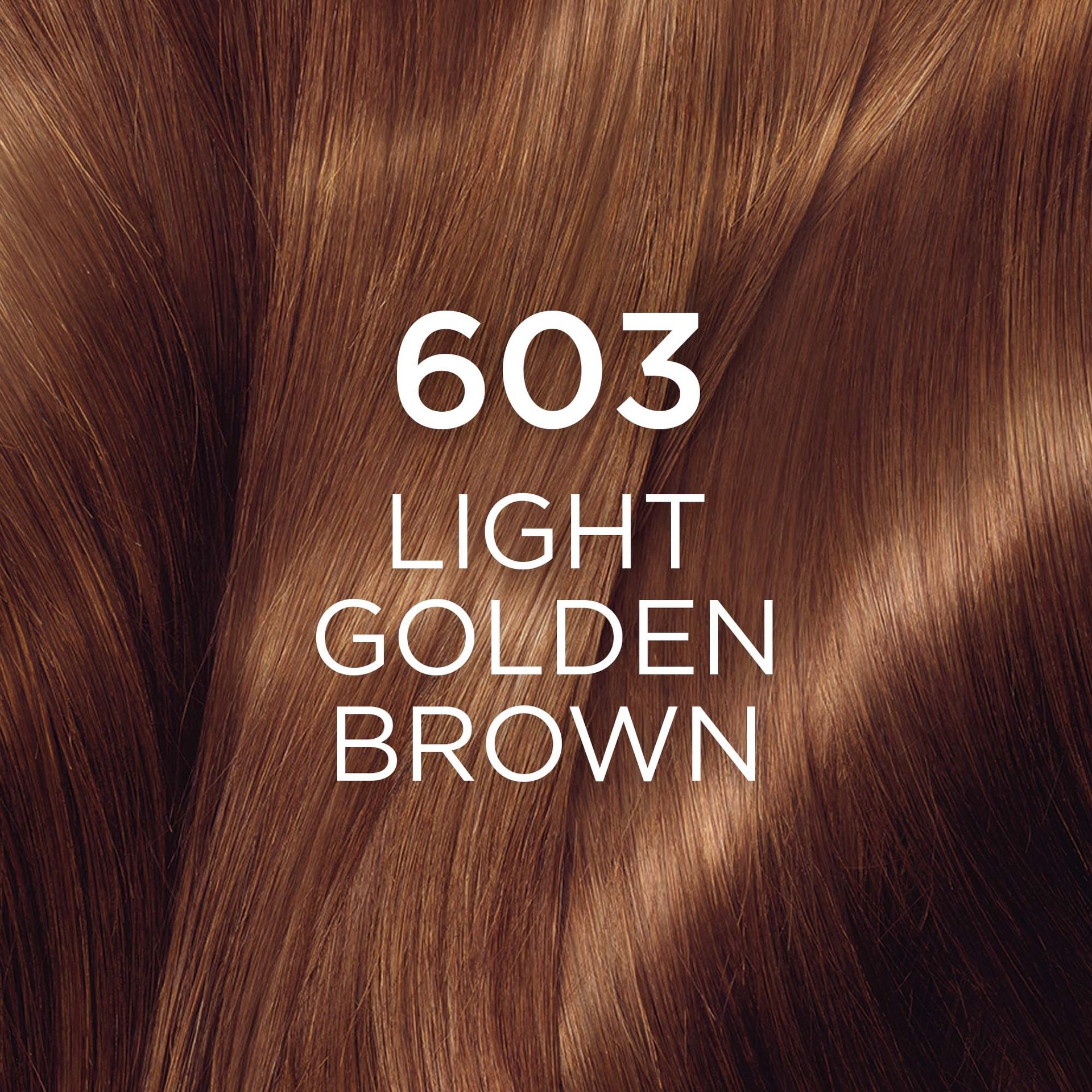 A close-up texture image of flowing hair strands, showcasing a rich, warm light golden brown color. The prominent text overlays are "603" and "LIGHT GOLDEN BROWN," clearly identifying the specific hair color shade.