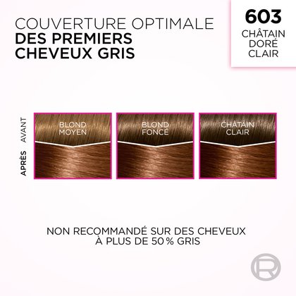 Cette image présente l'effet de la coloration capillaire "603 Châtain Doré Clair" de L'Oréal sur les premiers cheveux gris. Elle montre des comparaisons "Avant" et "Après" sur trois nuances de cheveux de base : "Blond Moyen", "Blond Foncé" et "Châtain Clair". Le texte indique "COUVERTURE OPTIMALE DES PREMIERS CHEVEUX GRIS" et "NON RECOMMANDÉ SUR DES CHEVEUX À PLUS DE 50 % GRIS".