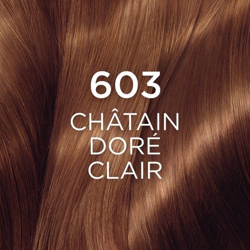 Gros plan sur une mèche de cheveux longs et lisses, d'une couleur "603 CHÂTAIN DORÉ CLAIR". La teinte est un marron clair avec des reflets dorés, évoquant une nuance lumineuse et chaude. Le chiffre "603" est affiché en grand et en blanc au centre de l'image.