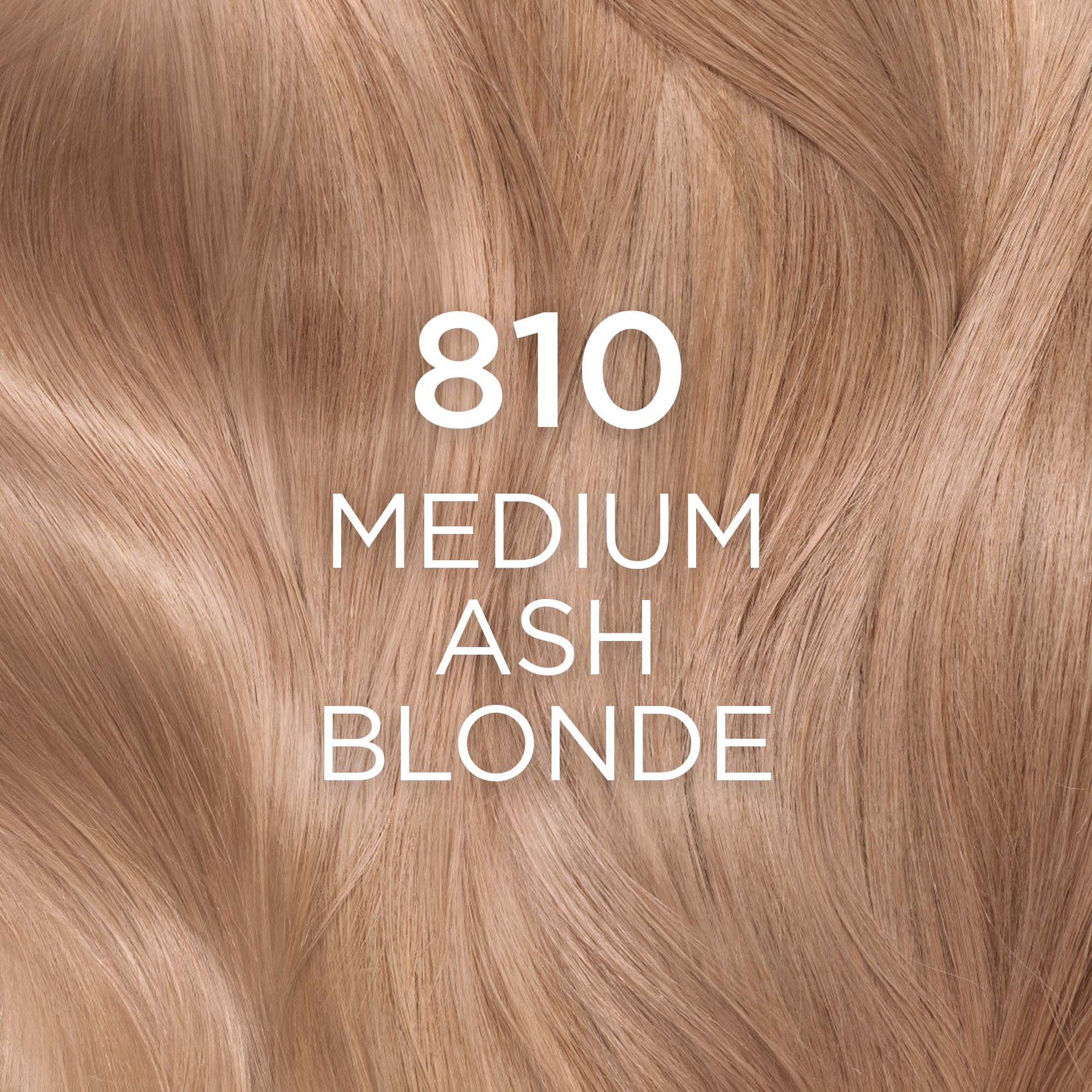 A close-up texture image of flowing hair strands, showcasing a cool-toned medium ash blonde color. The prominent text overlays are "810" and "MEDIUM ASH BLONDE," clearly identifying the specific hair color shade.