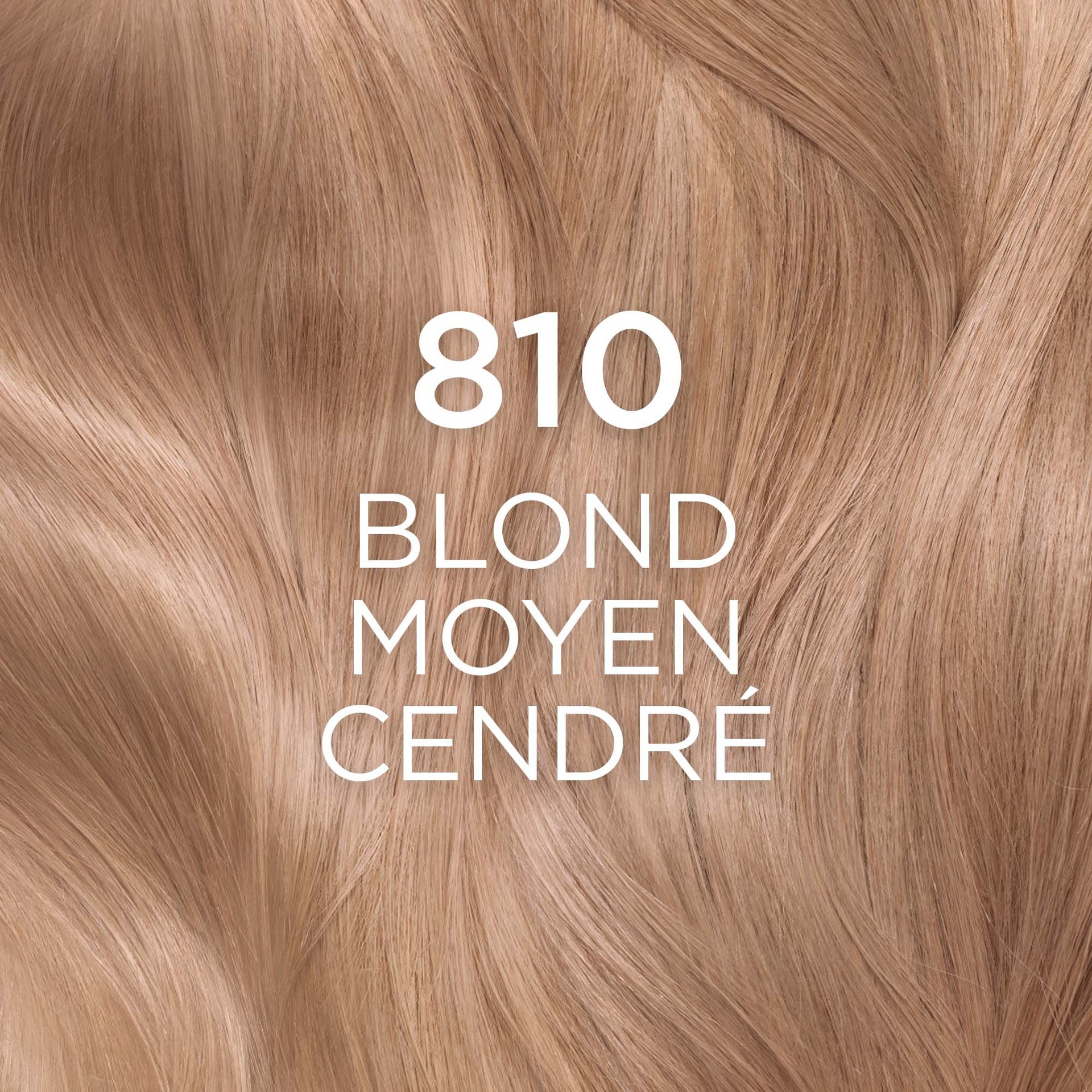 Gros plan sur une mèche de cheveux longs et lisses, d'une couleur "810 BLOND MOYEN CENDRÉ". La teinte est un blond moyen avec des reflets cendrés, offrant une nuance froide et sans reflets jaunes. Le chiffre "810" est affiché en grand et en blanc au centre de l'image.