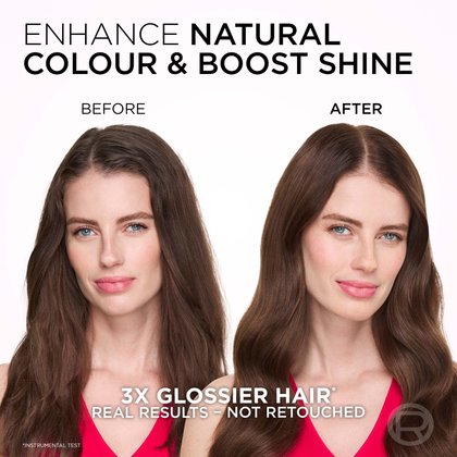 A split image featuring a woman with long, wavy brown hair. The left side, labeled 'BEFORE,' shows her hair with its natural texture and a more subdued shine. The right side, labeled 'AFTER,' displays the same woman with significantly shinier, smoother, and more vibrant medium brown hair, demonstrating enhanced natural color and boosted shine. Text overlays include "ENHANCE NATURAL COLOUR & BOOST SHINE", "3X GLOSSIER HAIR", and "REAL RESULTS – NOT RETOUCHED".