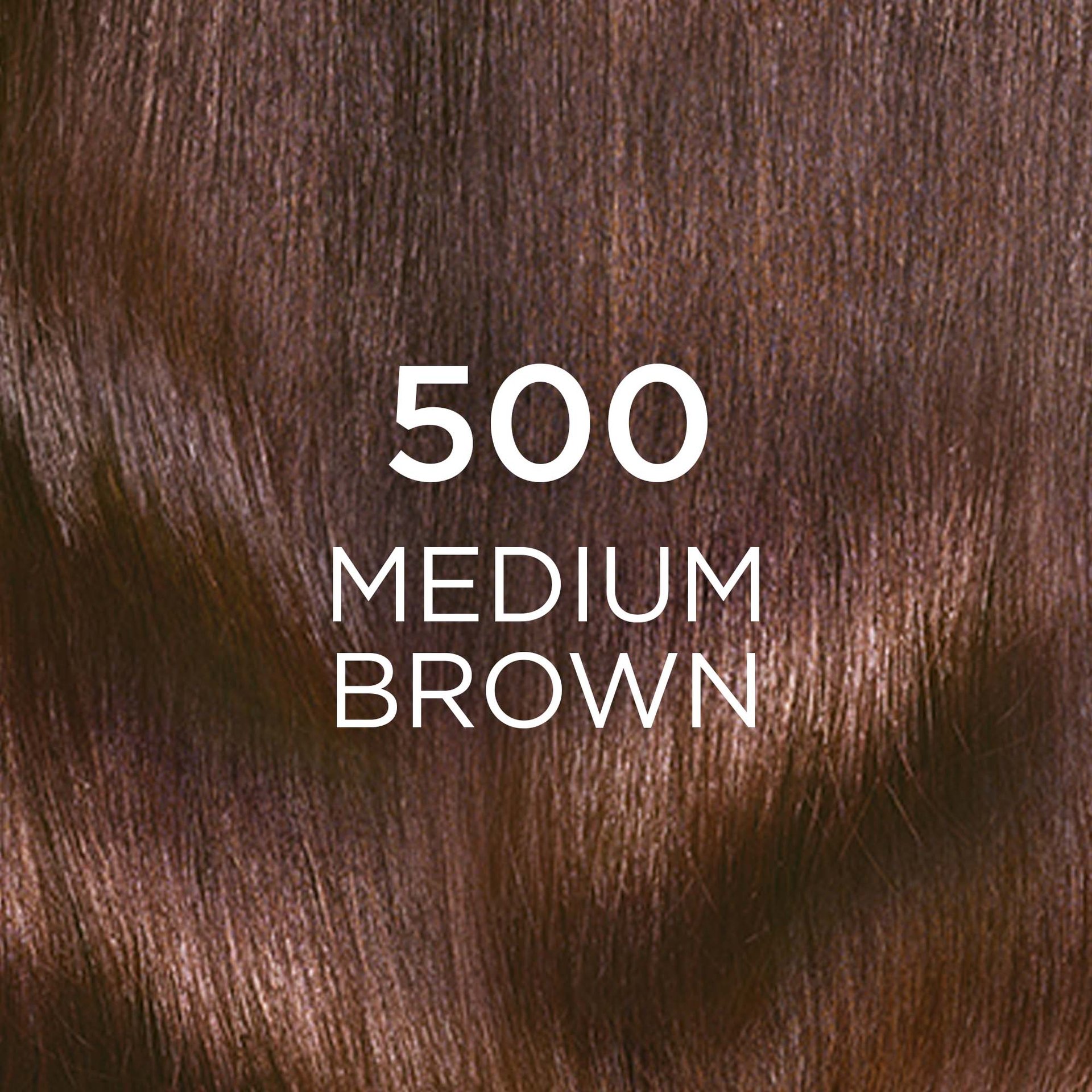 A close-up texture image of flowing hair strands, showcasing a rich, warm medium brown color. The prominent text overlays are "500" and "MEDIUM BROWN," clearly identifying the specific hair color shade.