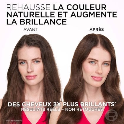 Cette image présente une comparaison "Avant" et "Après" sur une femme souriante aux cheveux châtains. Le texte indique "REHAUSSE LA COULEUR NATURELLE ET AUGMENTE LA BRILLANCE" et "DES CHEVEUX 3X PLUS BRILLANTS* RÉSULTATS RÉELS - NON RETOUCHÉS (*TEST INSTRUMENTAL)". La photo "Après" montre des cheveux visiblement plus brillants, une couleur plus uniforme et un teint éclatant.