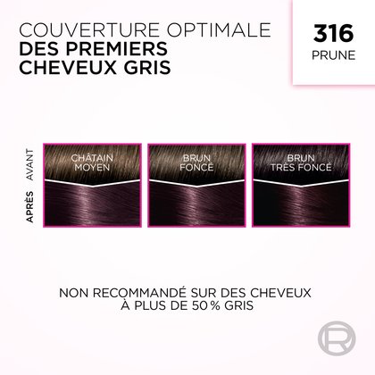 Une image présentant la coloration capillaire 'Couverture Optimale des Premiers Cheveux Blancs' de L'Oréal, nuance 316 Prune. L'image montre trois jeux de mèches de cheveux, chacun divisé en sections 'AVANT' et 'APRÈS'. De gauche à droite, des mèches étiquetées 'BRUN MOYEN', 'BRUN FONCÉ' et 'BRUN LE PLUS FONCÉ' (chacune avec une ligne blanche sur le dessus représentant les cheveux gris) se transforment toutes en une riche nuance prune uniforme avec des reflets violacés 'APRÈS' l'application de la teinture. Un avertissement en bas indique : 'NON RECOMMANDÉ SUR PLUS DE 50% DE CHEVEUX GRIS'.
