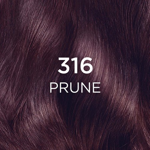 Un gros plan de cheveux ondulés de couleur prune intense, avec le texte '316 PRUNE' superposé en blanc. Les cheveux présentent des tons riches, rouge-violet avec des reflets naturels.