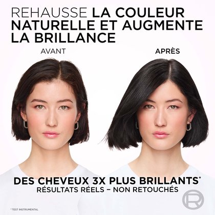 Une image divisée montrant les cheveux et le visage d'une femme avant et après un traitement conçu pour rehausser la couleur naturelle et augmenter la brillance. À gauche, étiqueté "BEFORE" (AVANT), elle a des cheveux châtain foncé naturels avec un éclat subtil. À droite, étiqueté "AFTER" (APRÈS), ses cheveux apparaissent nettement plus foncés, d'un noir riche, et visiblement plus brillants, reflétant la lumière plus intensément. Son teint et son expression restent constants entre les deux images, avec un regard neutre et un léger fard à joues rose. Le texte au-dessus indique : "ENHANCE NATURAL COLOUR & BOOST SHINE" (AMÉLIORER LA COULEUR NATURELLE ET BOOSTER L'ÉCLAT). Sous les images, il est écrit : "3X GLOSSIER HAIR*" (CHEVEUX 3X PLUS BRILLANTS*) et "REAL RESULTS - NOT RETOUCHED" (RÉSULTATS RÉELS - NON RETOUCHÉS), avec un astérisque indiquant "*INSTRUMENTAL TEST" (TEST INSTRUMENTAL).