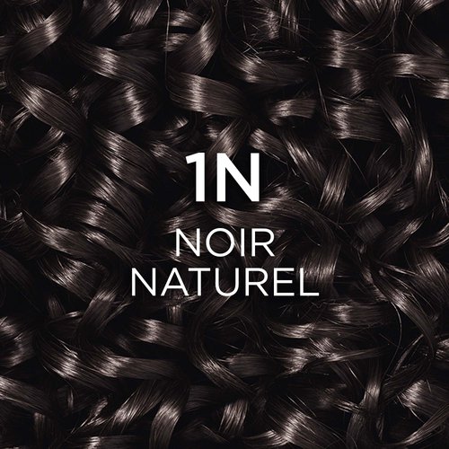 Gros plan sur une mèche de cheveux noirs naturels, très foncés et bouclés, avec le texte blanc "1N NOIR NATUREL" superposé.