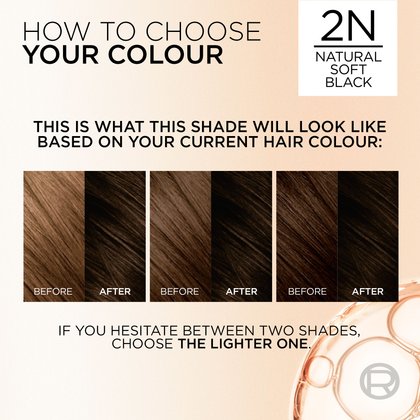 A guide titled "HOW TO CHOOSE YOUR COLOUR". It features "BEFORE" and "AFTER" hair swatches for various base hair colors, illustrating how the 4N shade will look on hair from lighter to darker tones. Advice suggests to "CHOOSE THE LIGHTER ONE" if hesitating between two shades.