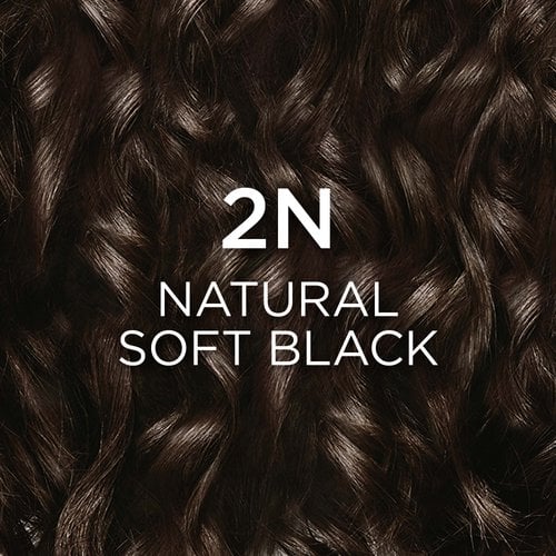 Close-up of wavy, very dark hair in a natural soft black shade, with white text "2N NOIR DOUX NATUREL" (meaning "2N Natural Soft Black") overlaid.