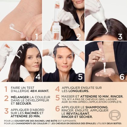 Dans une boîte de coloration Excellence Crème Bronzer, il y a une crème colorante protectrice sans ammoniaque, un shampoing soin au ph doux et une masque nourissant