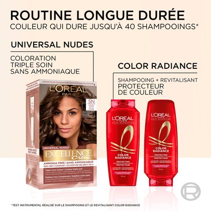 Dans une boîte de coloration Excellence Crème Bronzer, il y a une crème colorante protectrice sans ammoniaque, un shampoing soin au ph doux et une masque nourissant