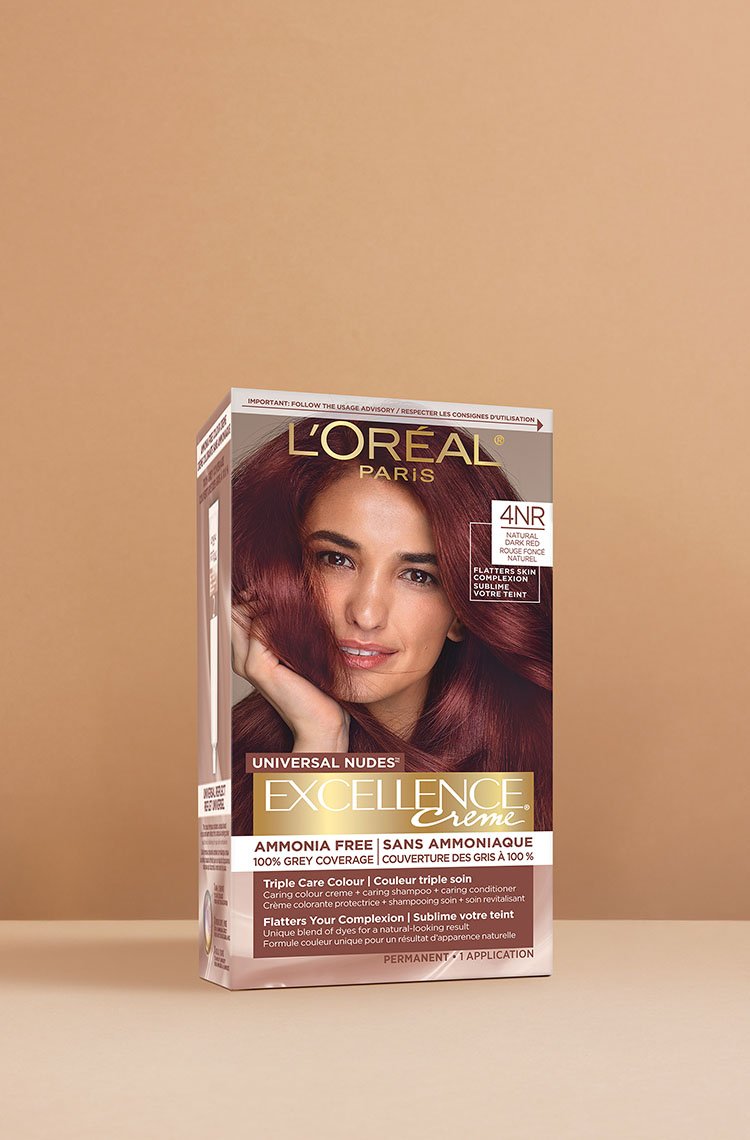 L'Oréal Excellence Crème Universal Nudes 4NR Red Brown hair dye box, featuring a smiling woman with sleek, shiny auburn hair