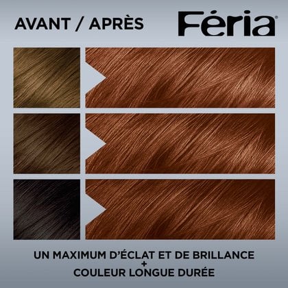 Image affichant un comparatif 'AVANT / APRÈS' de teinture capillaire Féria. Sur la gauche, trois échantillons de cheveux, allant du châtain clair au brun foncé puis au noir, représentent la couleur 'AVANT'. Sur la droite, après chaque échantillon initial, la couleur 'APRÈS' est uniformément un brun doré moyen et lumineux. Le logo 'Féria' est situé en haut à droite. En bas de l'image, le texte indique : 'MAXIMUM VIBRANCY & SHINE + LONG-LASTING COLOUR' (VIBRANCE ET BRILLANCE MAXIMALES + COULEUR LONGUE DURÉE)