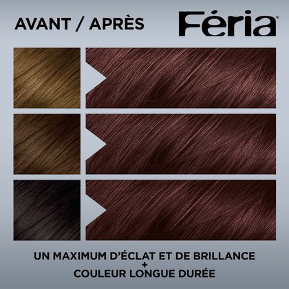 Image affichant un comparatif 'AVANT / APRÈS' de teinture capillaire Féria. Sur la gauche, trois échantillons de cheveux, allant du châtain moyen au brun foncé puis au noir, représentent la couleur 'AVANT'. Sur la droite, après chaque échantillon initial, la couleur 'APRÈS' est uniformément un brun chocolat riche et brillant. Le logo 'Féria' est situé en haut à droite. En bas de l'image, le texte indique : 'MAXIMUM VIBRANCY & SHINE + LONG-LASTING COLOUR' (VIBRANCE ET BRILLANCE MAXIMALES + COULEUR LONGUE DURÉE).