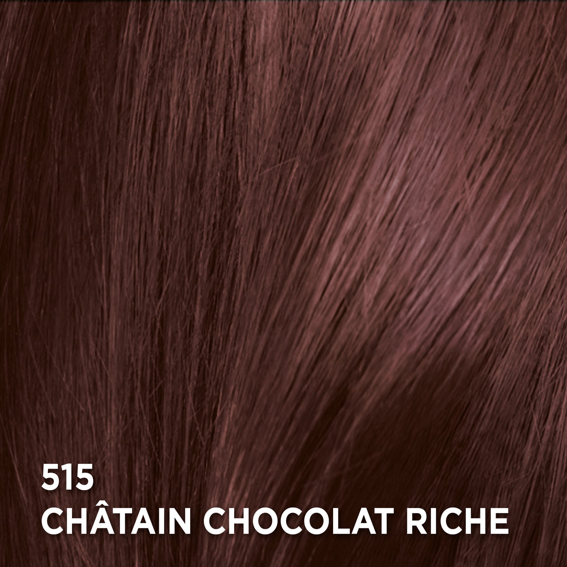 Gros plan d'une mèche de cheveux teints d'une couleur brun chocolat riche et profonde. Le texte en bas à gauche de l'image indique '515 RICH CHOCOLATE BROWN' (515 BRUN CHOCOLAT RICHE), identifiant la teinte