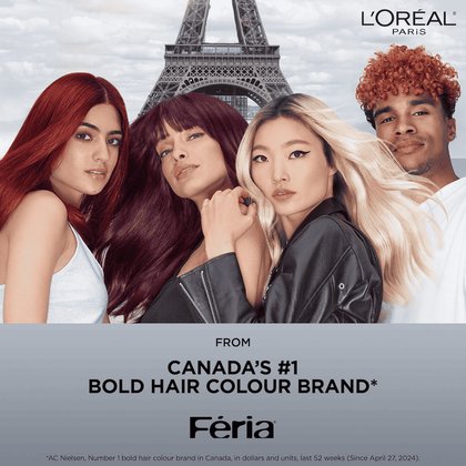 Feria N1 bold hair color, 3 women with red hair color, violet pink hair color and bleach hair and 1 man with orange hair color