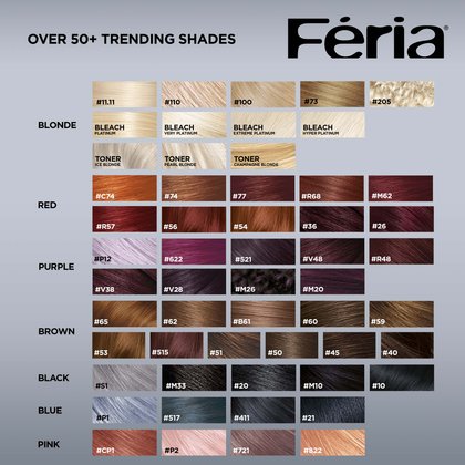 All the feria shadesfrom bleach hair du, toner, red hair dye, pink hair dye, blue hair dye, brown hair color