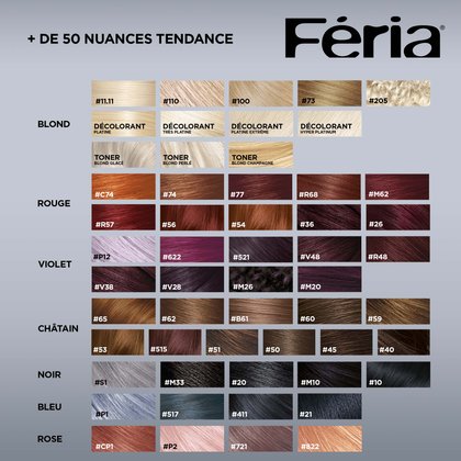 Toutes les nuances de coloration de Féria en passant par le blond, les décolorations, les rouges, les violets, les châtains, les noirs, les bleus et les roses