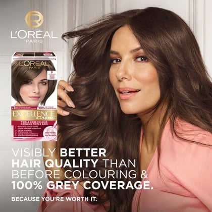 Promotional image for L'Oréal Paris Excellence Crème featuring Eva Longoria with voluminous and shiny medium brown hair. The product box for shade F (Medium Brown) is displayed. Text reads: 'Visibly better hair quality than before colouring & 100% grey coverage