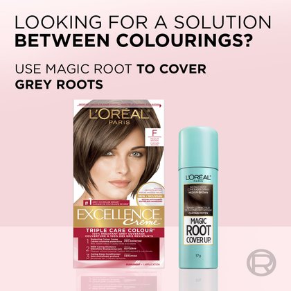 Image suggesting the use of Magic Root Cover Up spray between Excellence Crème colourings. The Medium Brown hair colour box is shown next to the root concealer spray in the same shade.