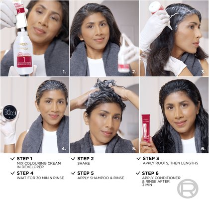 Infographic showing the 6 application steps: 1) Mix, 2) Shake, 3) Apply to roots then lengths, 4) Wait for 30 min, 5) Shampoo and rinse, 6) Apply conditioner for 3 min.