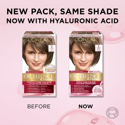 Side-by-side comparison of the old ('BEFORE') and new ('NOW') packaging for Excellence Crème shade E (Light Brown). The new design highlights the addition of hyaluronic acid to the formula. The headline reads: 'New pack, same shade, now with hyaluronic acid.