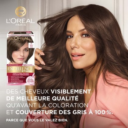 Visuel publicitaire pour L'Oréal Paris Excellence Crème montrant l'ambassadrice Eva Longoria avec une chevelure châtain moyen soyeuse. À côté d'elle, la boîte du produit nuance F (Châtain Moyen). Le texte souligne une 'qualité de cheveux visiblement meilleure qu'avant la coloration et une couverture des gris à 100 %