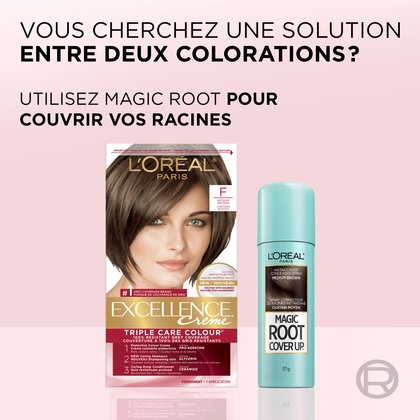 Publicité suggérant d'utiliser le spray Magic Root Cover Up pour couvrir les racines grises entre deux colorations Excellence Crème. La boîte de teinture et le spray correcteur sont présentés côte à côte.