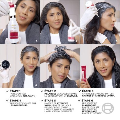 Tutoriel en 6 étapes pour l'application de la coloration : 1) Test d'allergie, 2) Mélange et agitation, 3) Application sur les racines, 4) Application sur les longueurs, 5) Shampooing et rinçage, 6) Application du soin revitalisant.