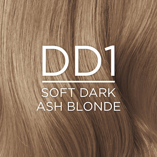 Close-up of a curly hair texture showcasing the hair color shade, described as DD1 SOFT DARK ASH BLONDE. The white textLight DD1 SOFT DARK ASH BLONDE is overlaid in the center of the image.