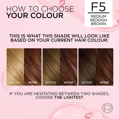 Color selection guide titled 'HOW TO CHOOSE YOUR COLOUR' for shade F5 MEDIUM REDDISH BROWN. A visual chart shows three 'Before / After' result examples based on the starting hair colour . The text advises: 'If you are hesitating between two shades, choose the lightest.