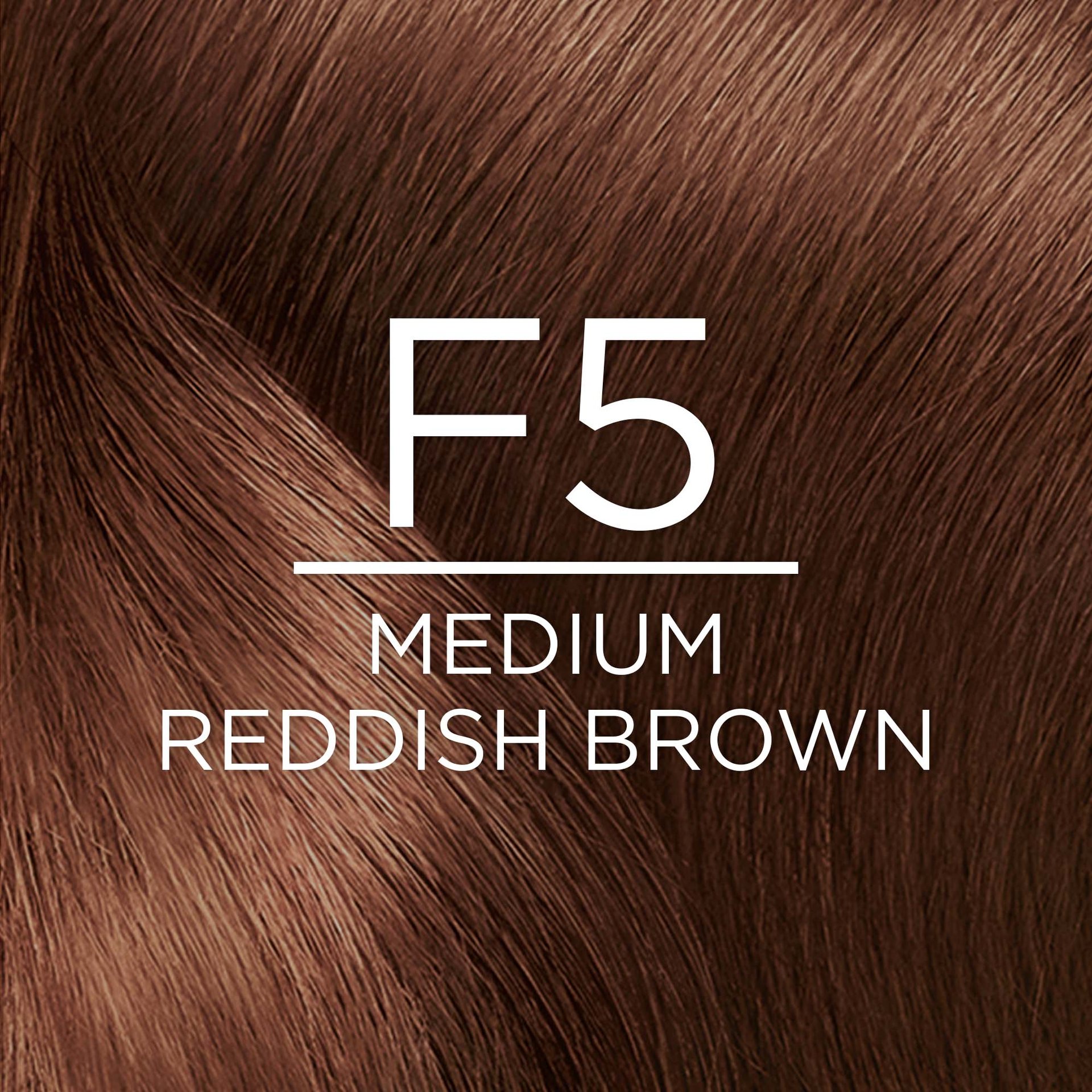 Close-up of a curly hair texture showcasing the hair color shade, described as F5 MEDIUM REDDISH BROWN. The white textLight F5 MEDIUM REDDISH BROWN is overlaid in the center of the image.