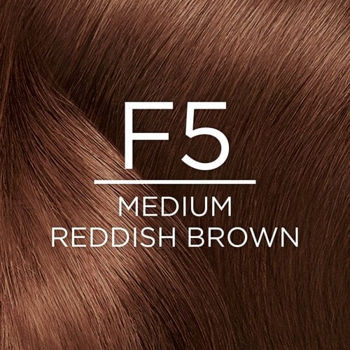 Close-up of a curly hair texture showcasing the hair color shade, described as F5 MEDIUM REDDISH BROWN. The white textLight F5 MEDIUM REDDISH BROWN is overlaid in the center of the image.