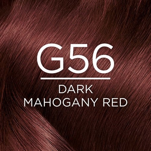 Close-up of a curly hair texture showcasing the hair color shade, described as G56 DARK MAHOGANY RED. The white textLight G56 DARK MAHOGANY REDis overlaid in the center of the image.