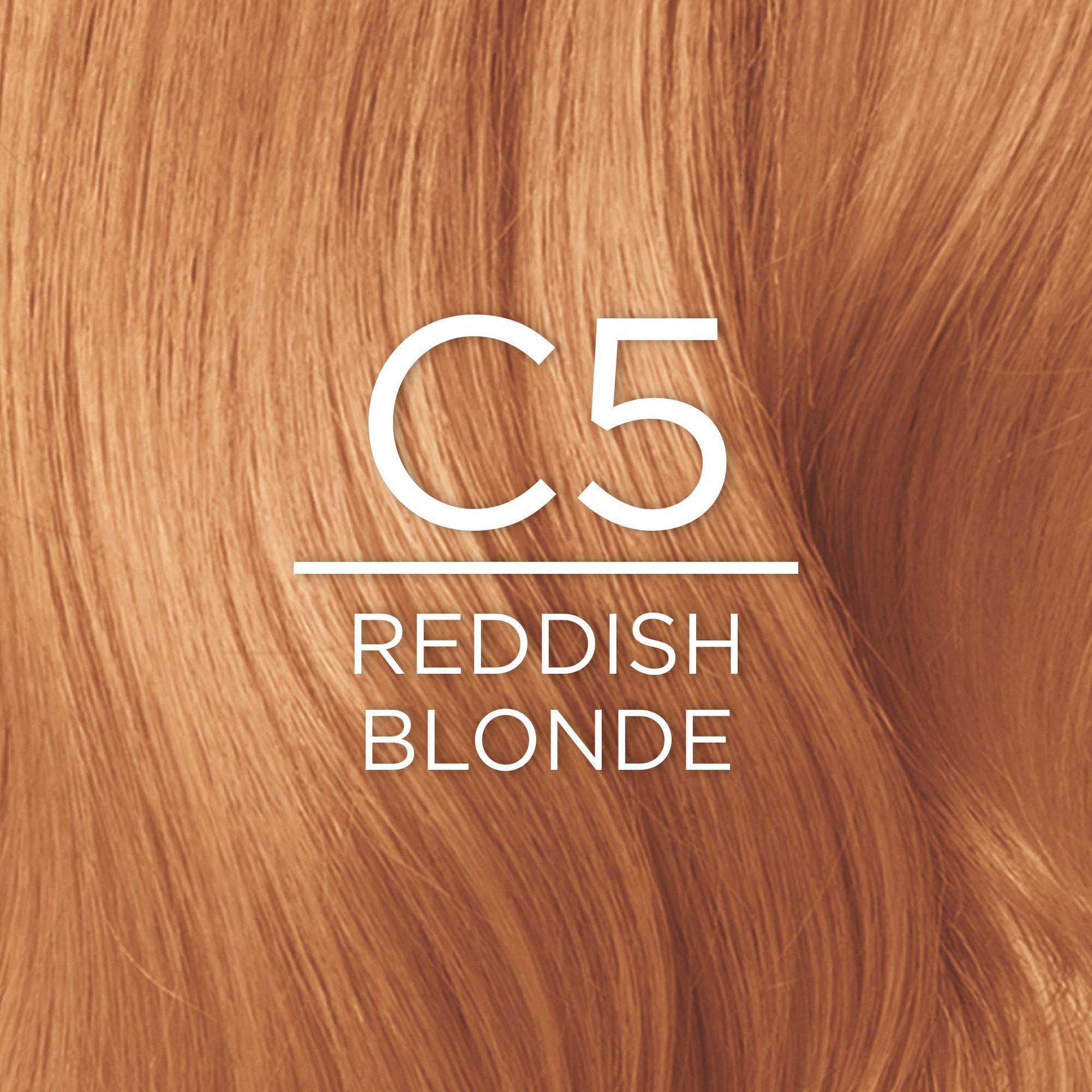 Close-up of a curly hair texture showcasing the hair color shade, described as C5 REDDISH BLONDE. The white textLight C5 REDDISH BLONDE is overlaid in the center of the image.