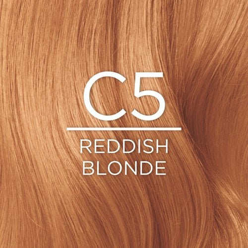 Close-up of a curly hair texture showcasing the hair color shade, described as C5 REDDISH BLONDE. The white textLight C5 REDDISH BLONDE is overlaid in the center of the image.