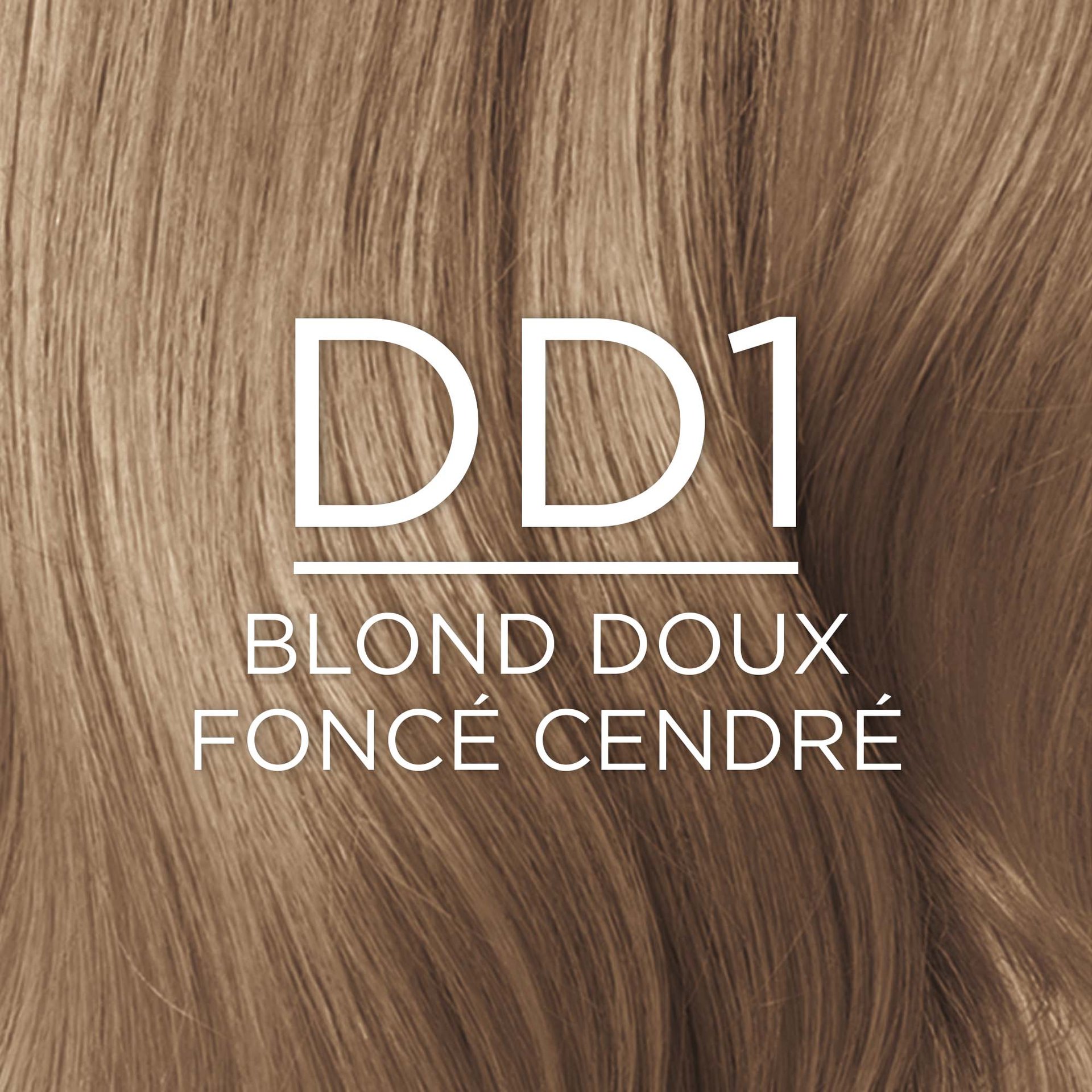 Gros plan sur une texture de cheveux bouclés montrant la nuance de coloration DD1 BLOND DOUX FONCÉ CENDRÉ, décrite comme un  BLOND DOUX FONCÉ CENDRÉ. Le texte blanc 'DD1 BLOND DOUX FONCÉ CENDRÉ' est superposé au centre de l'image.