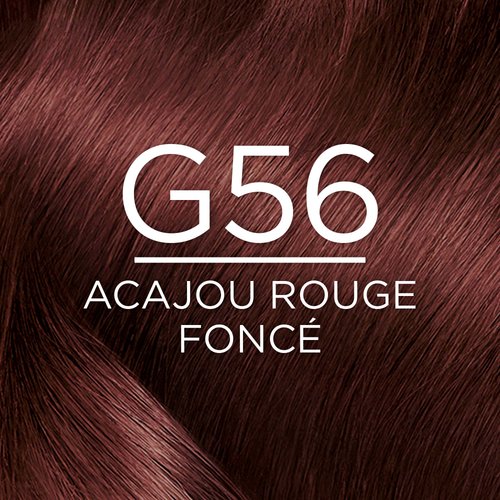 Gros plan sur une texture de cheveux bouclés montrant la nuance de coloration G56 ACAJOU ROUGE FONCÉ, décrite comme un 'G56 ACAJOU ROUGE FONCÉ' (Light Reddish Brown). Le texte blanc 'G56 ACAJOU ROUGE FONCÉ' est superposé au centre de l'image.