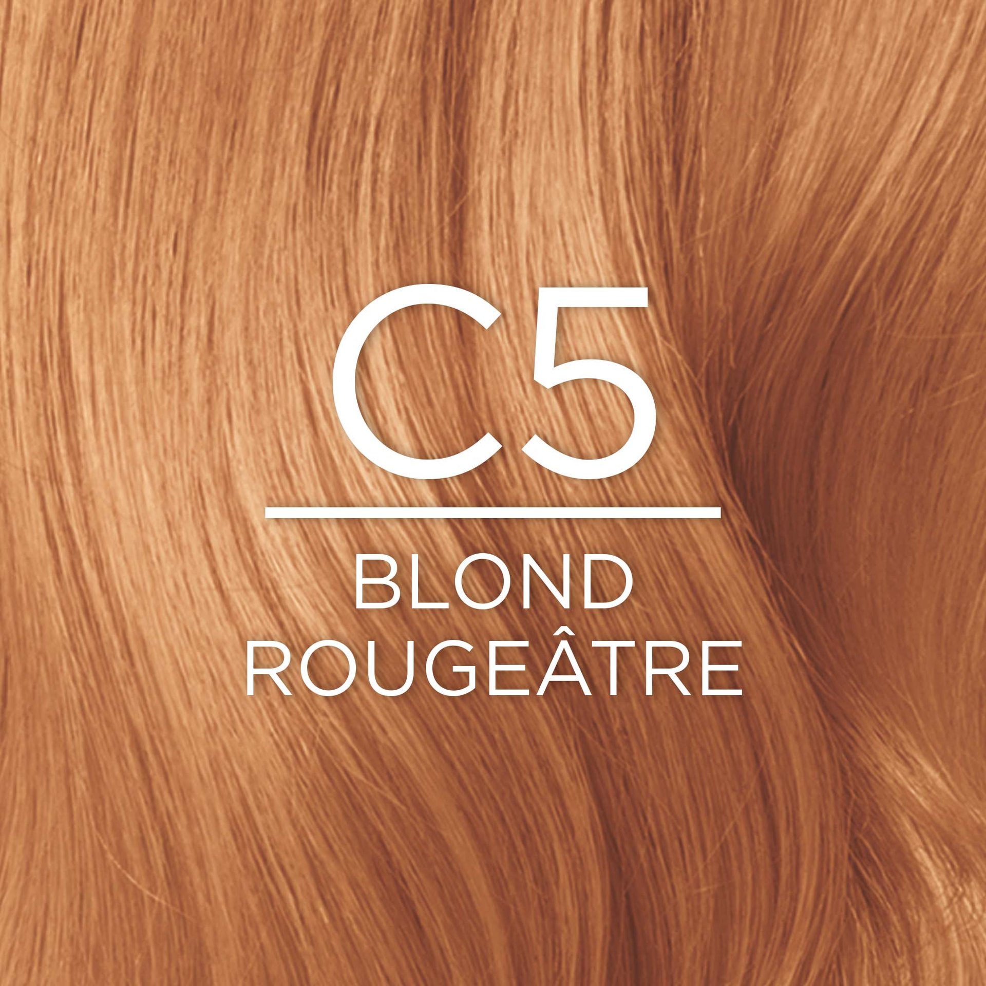 Gros plan sur une texture de cheveux bouclés montrant la nuance de coloration C5 BLOND ROUGEÂTRE, décrite comme un 'C5 BLOND ROUGEÂTRE' (Light Reddish Brown). Le texte blanc 'C5 BLOND ROUGEÂTRE' est superposé au centre de l'image.