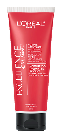 L’Oréal Paris Excellence Crème Ultimate Conditioner, red 120mL tube with black cap. Sulfate-free formula with Moisture Lock and Hyaluronic Acid to defy damage and extend colour.