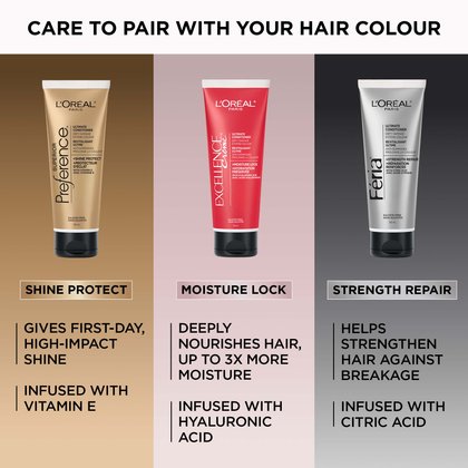 Three-panel product comparison under the headline "Care to Pair with Your Hair Colour": (Left – gold background) L'Oréal Paris Superior Preference Ultimate Conditioner – Shine Protect: first-day high-impact shine, infused with Vitamin E; (Centre – pink background) L'Oréal Paris Excellence Crème Ultimate Conditioner – Moisture Lock: deeply nourishes hair, up to 3X more moisture, infused with Hyaluronic Acid; (Right – grey background) L'Oréal Paris Féria Ultimate Conditioner – Strength Repair: strengthens hair against breakage, infused with Citric Acid.