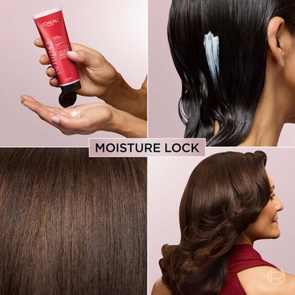 Four-panel Moisture Lock collage: hands dispensing Excellence Crème conditioner into palm; conditioner applied to dark wet hair; close-up of smooth, glossy brown hair texture; woman with voluminous, shiny brown wavy hair.