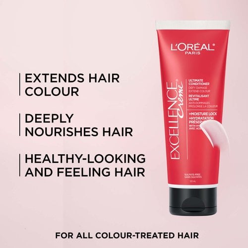 L'Oréal Paris Excellence Crème Ultimate Conditioner on a pink background highlighting three key benefits: Extends Hair Colour, Deeply Nourishes Hair, and Healthy-Looking and Feeling Hair. Tagline: For All Colour-Treated Hair.