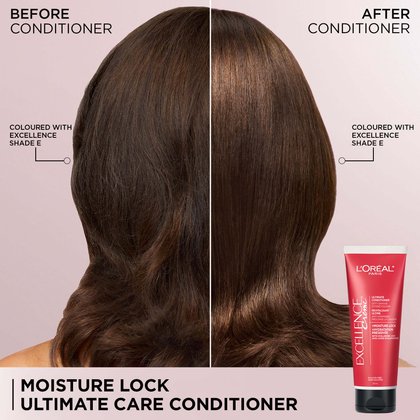 Split before-and-after comparison of hair coloured with Excellence Shade E. Left (Before Conditioner): slightly duller hair. Right (After Conditioner): visibly shinier and smoother hair. Caption: Moisture Lock Ultimate Care Conditioner, with product shown at bottom right.