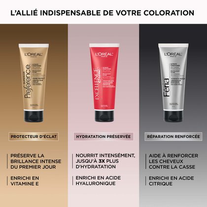 Comparaison de trois produits sous le titre « Associez votre soin à votre couleur » : (Gauche – fond doré) Revitalisant ultime L'Oréal Paris Superior Preference – Protection éclat : éclat intense dès le premier jour, enrichi en vitamine E ; (Centre – fond rose) Revitalisant ultime L'Oréal Paris Excellence Crème – Hydratation préservée : nourrit les cheveux en profondeur, jusqu'à 3X plus d'hydratation, enrichi en acide hyaluronique ; (Droite – fond gris) Revitalisant ultime L'Oréal Paris Féria – Réparation renforcée : aide à renforcer les cheveux contre la casse, enrichi en acide citrique.