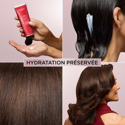 Collage en quatre panneaux sur l'hydratation préservée : mains faisant couler le revitalisant Excellence Crème dans la paume ; revitalisant appliqué sur des cheveux foncés mouillés ; gros plan de la texture de cheveux bruns lisses et brillants ; femme aux cheveux bruns ondulés, volumineux et brillants.