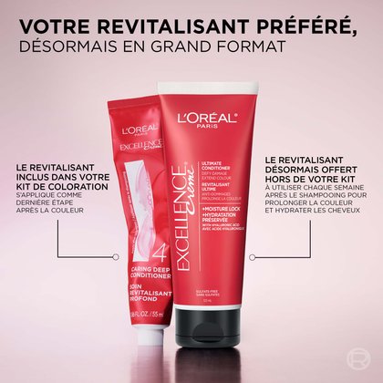 Deux tubes de revitalisant L'Oréal Paris Excellence Crème sur fond rose : le petit tube de 55 mL inclus dans la boîte de coloration (à appliquer en dernière étape après la coloration) et le grand tube de 120 mL vendu séparément (à utiliser chaque semaine après le shampooing pour prolonger la couleur et rétablir l'hydratation). Titre : Le revitalisant que vous aimez, maintenant en grand format.
