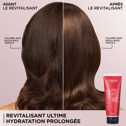 Comparaison avant-après des cheveux colorés avec la teinte Excellence E. À gauche (avant le revitalisant) : cheveux légèrement ternes. À droite (après le revitalisant) : cheveux visiblement plus brillants et plus lisses. Légende : Revitalisant ultime avec hydratation préservée, avec le produit illustré en bas à droite.