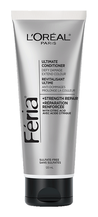 Product image of the L'Oréal Paris Féria Ultimate Conditioner in a silver metallic 120mL tube with a black cap against a white background. The tube features the Féria logo in script and displays key claims: Ultimate Conditioner, Defy Damage, Extend Colour. Key benefit highlighted: +Strength Repair with Citric Acid. Labeled Sulfate-Free.